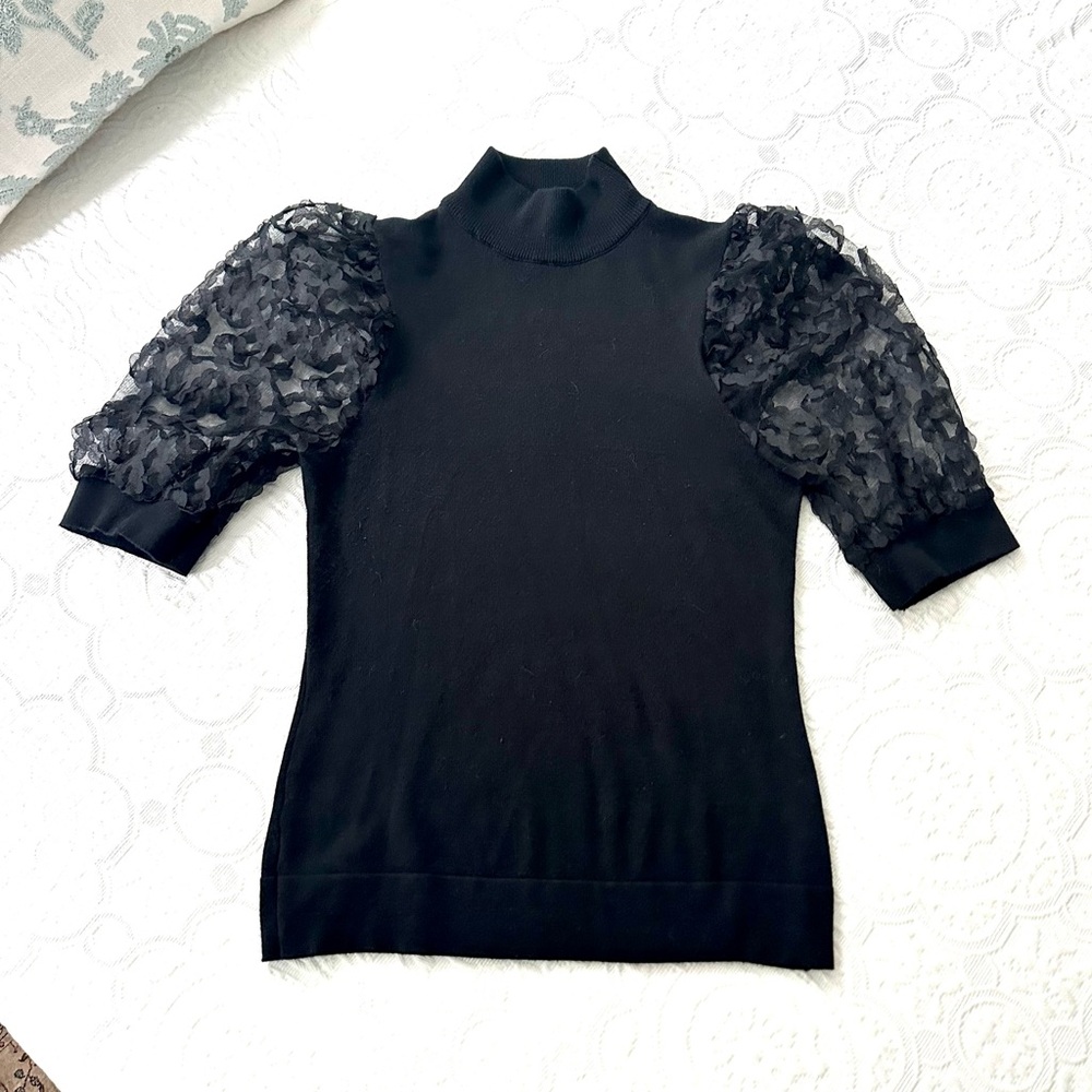 Catherine Malandrino Mock Neck 3/4 Lace Puff Sleeve Top Sz XS